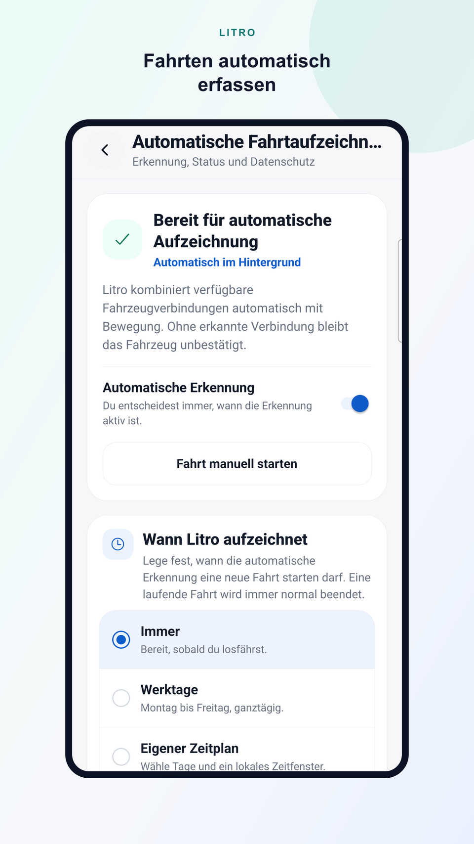 Litro Ansicht mit dem Status der automatischen Fahrtaufzeichnung.