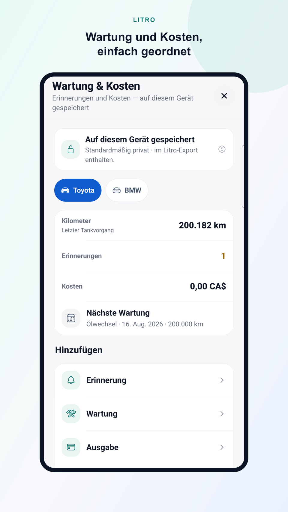 Litro Vorschau mit Wartungserinnerungen und Fahrzeughistorie