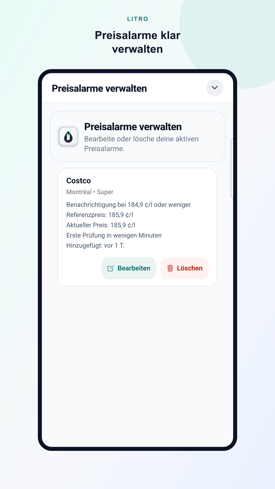 Litro Preisalarm-Verwaltung mit Zielpreis, Referenzpreis, aktuellem Preis und nächster Prüfung.