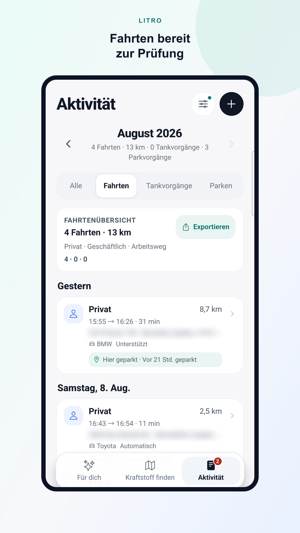 Litro Aktivität im August 2026 mit Fahrtenfilter, Monatsübersicht und Exportaktion.