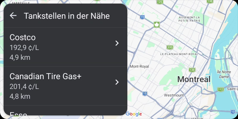Tankstellenkarte in Litro für Android Auto mit Preisvergleich und ohne angezeigten aktuellen Standort.
