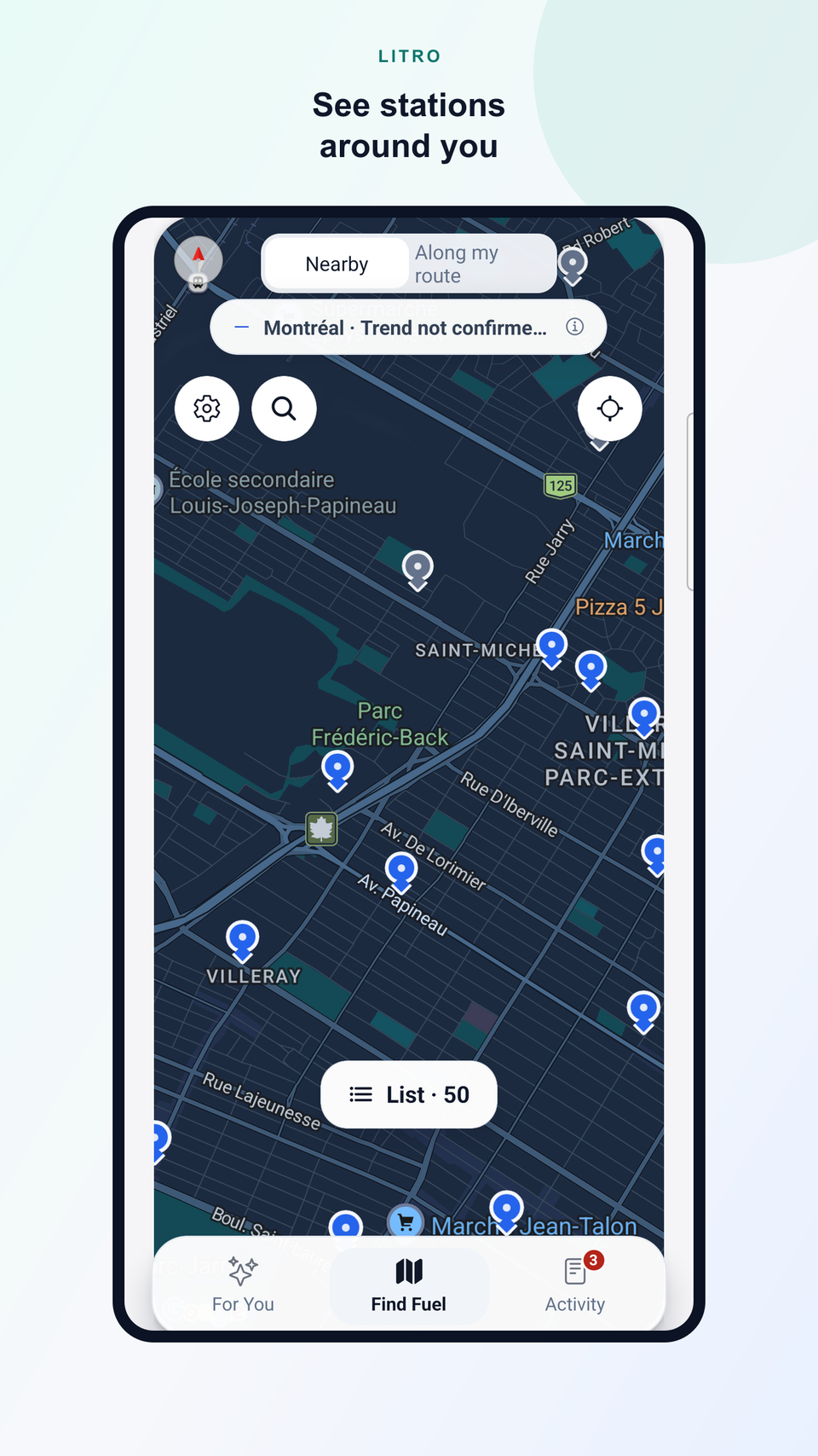 Litro map showing available stations in a selected area.