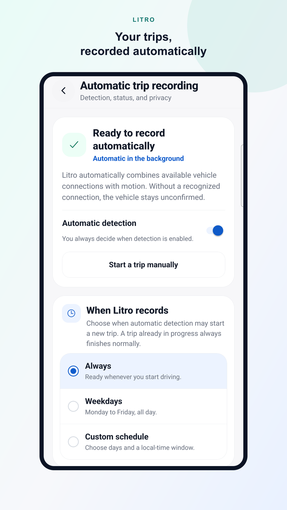 Litro screen showing the status of automatic trip recording.