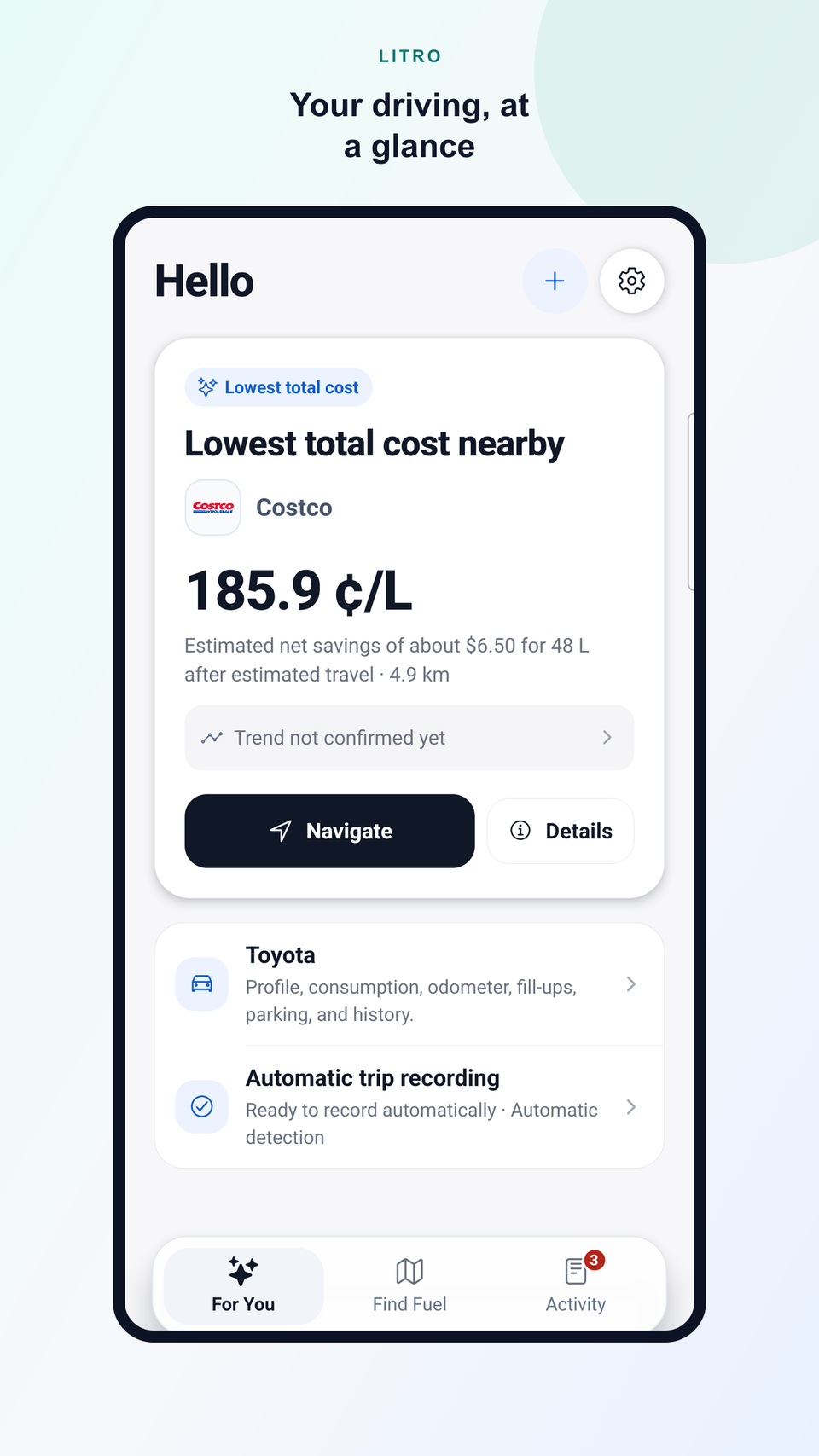 Litro For You screen with a local recommendation, the Toyota vehicle, and automatic recording status.