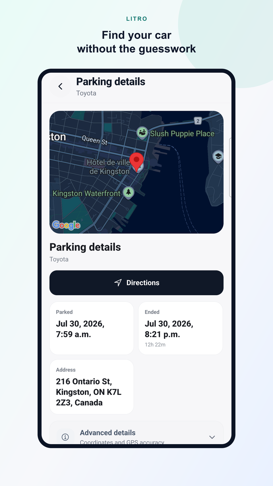 Litro Activity showing trips, a fill-up, and parking in one chronological timeline.