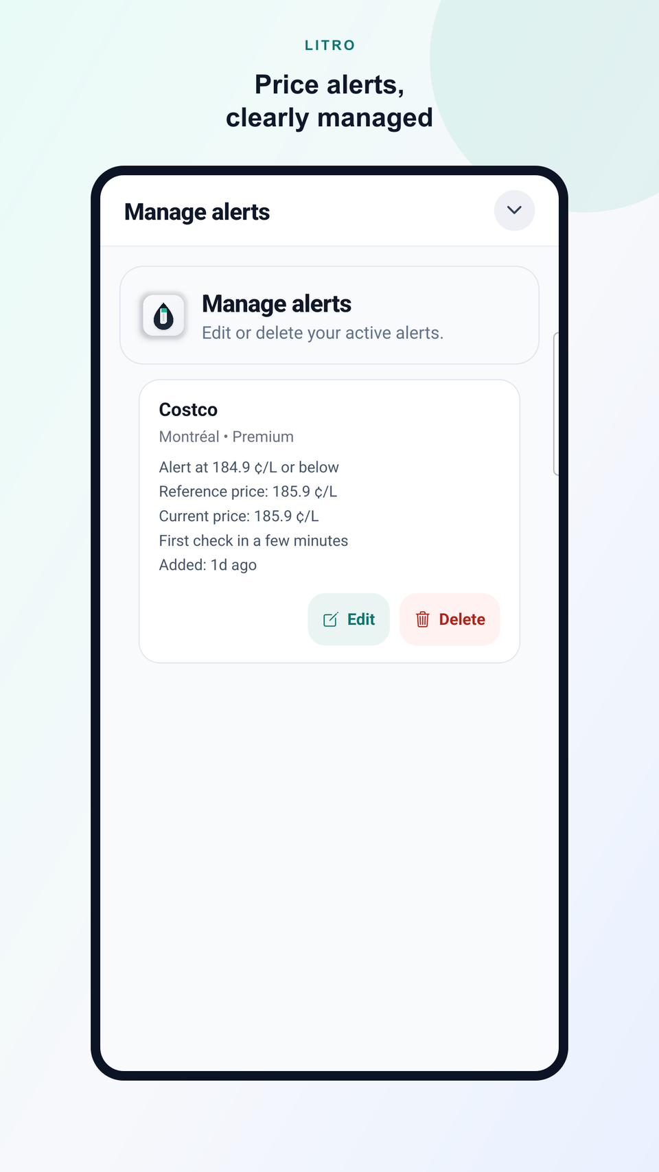 Litro price-alert management showing a target, reference price, current price, and next check.