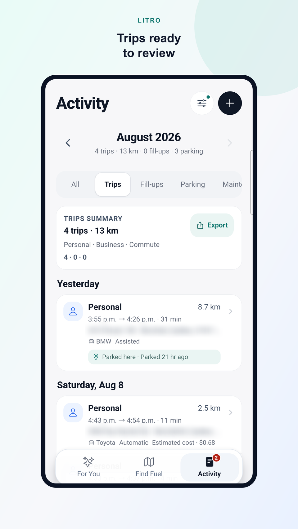 Litro Activity in August 2026 with the Trips filter, monthly summary, and Export action.