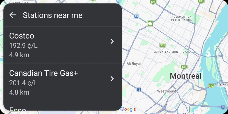 Nearby-station map in Litro for Android Auto with compared prices and no current position displayed.