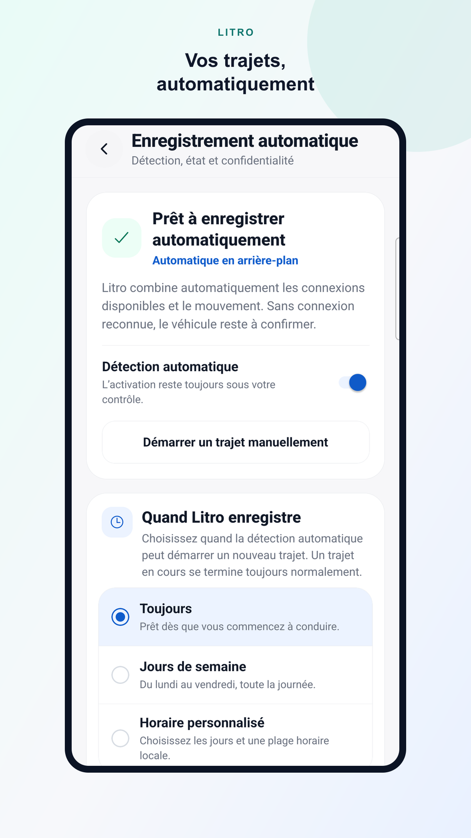 Écran Litro montrant l’état de l’enregistrement automatique d’un trajet.