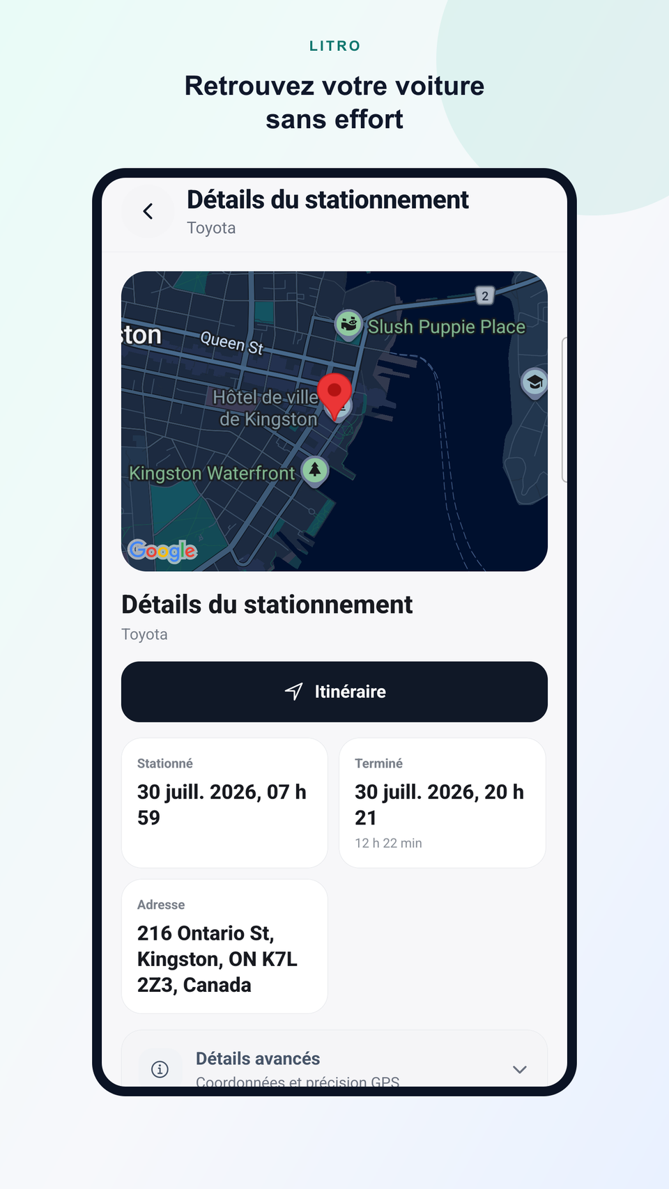Activité Litro montrant trajets, plein et stationnement dans une chronologie commune.