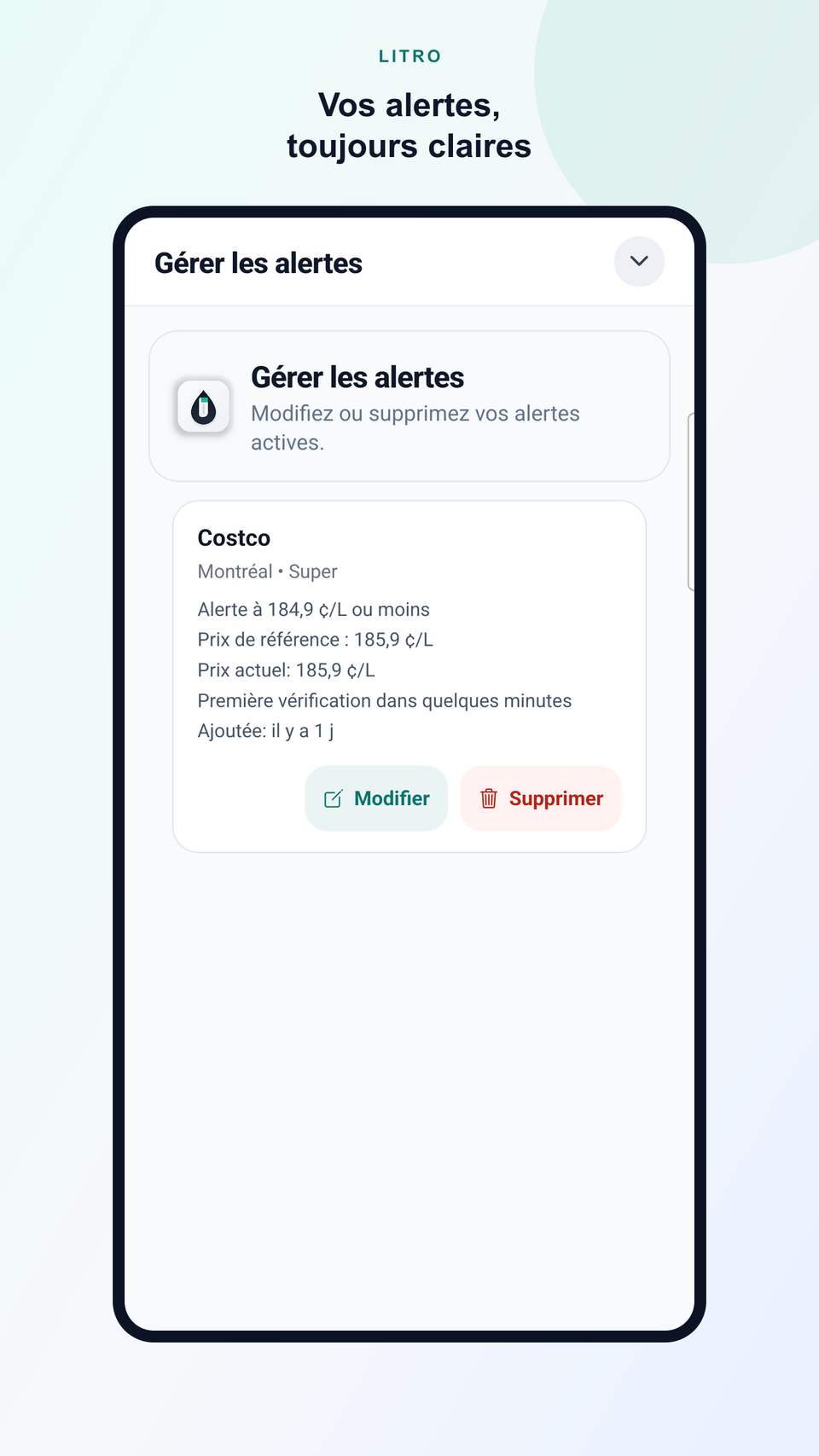 Gestion des alertes de prix Litro avec seuil, prix de référence, prix actuel et prochaine vérification.