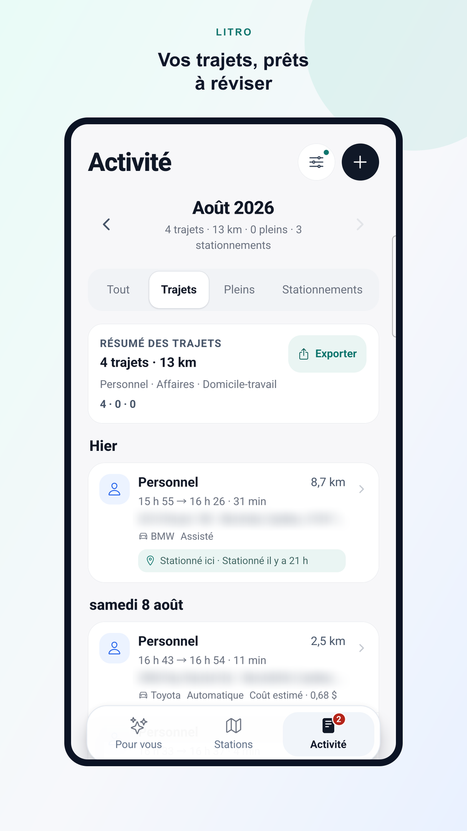 Vue Activité de Litro en août 2026 avec le filtre Trajets, le résumé mensuel et l’action Exporter.