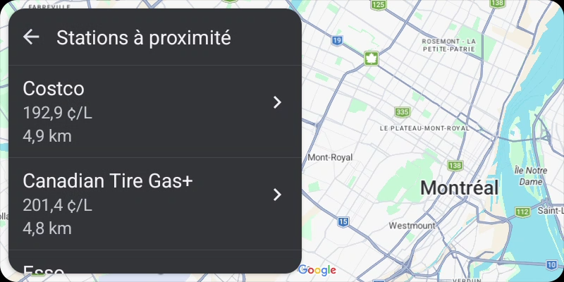 Carte des stations à proximité dans Litro pour Android Auto, avec les prix comparés et sans position actuelle affichée.
