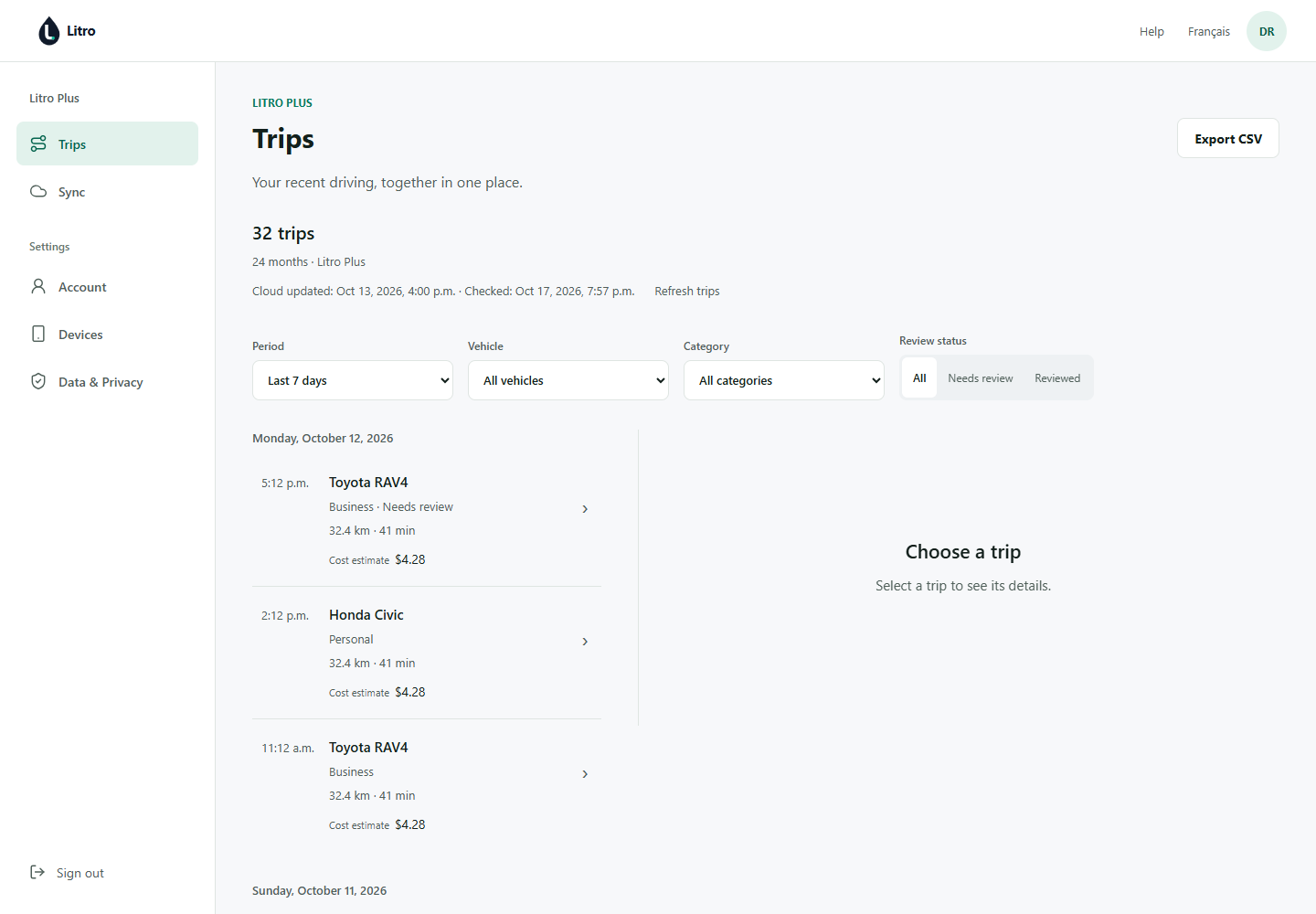 Litro Plus trip ledger showing vehicle, category and review filters.